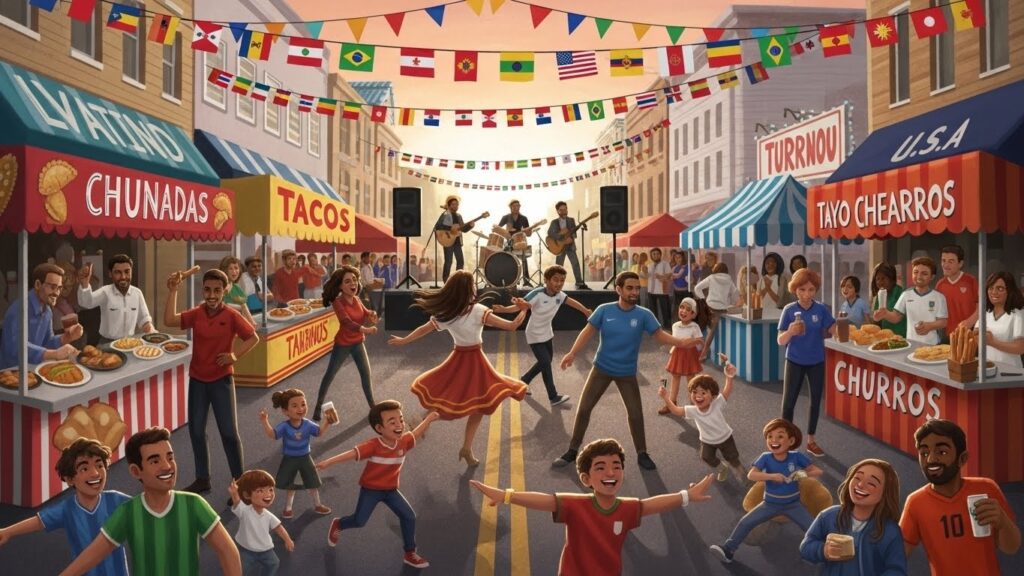 Cómo vivir el Mundial 2026 en Estados Unidos siendo Latino - “Ilustración semi-realista de una celebración latina en calles de Estados Unidos durante el Mundial 2026, con banderas y puestos de comida.”