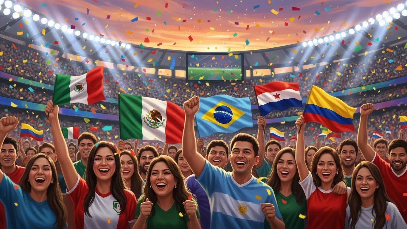 Cómo vivir el Mundial 2026 en Estados Unidos siendo Latino - “Ilustración realista de aficionados latinos con banderas en un estadio de Estados Unidos durante el Mundial 2026, sin rostros definidos.”