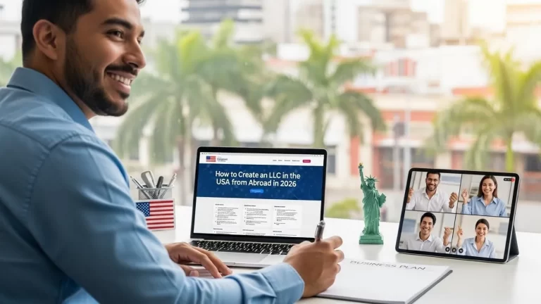 Interfaz de gestión financiera y operativa de una empresa estadounidense desde el extranjero.