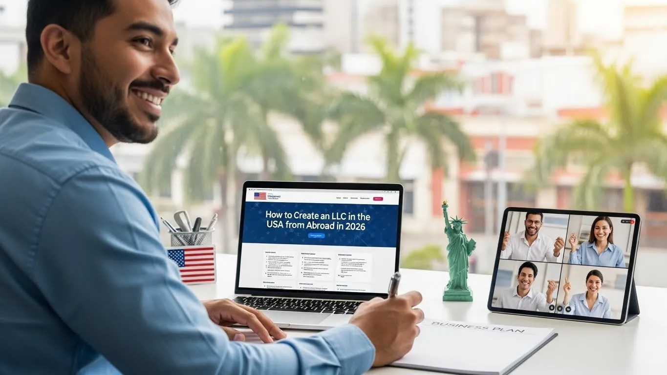 Interfaz de gestión financiera y operativa de una empresa estadounidense desde el extranjero.