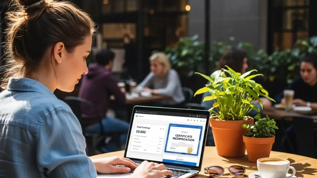 Emprendedor digital gestionando su empresa LLC en USA desde el extranjero.