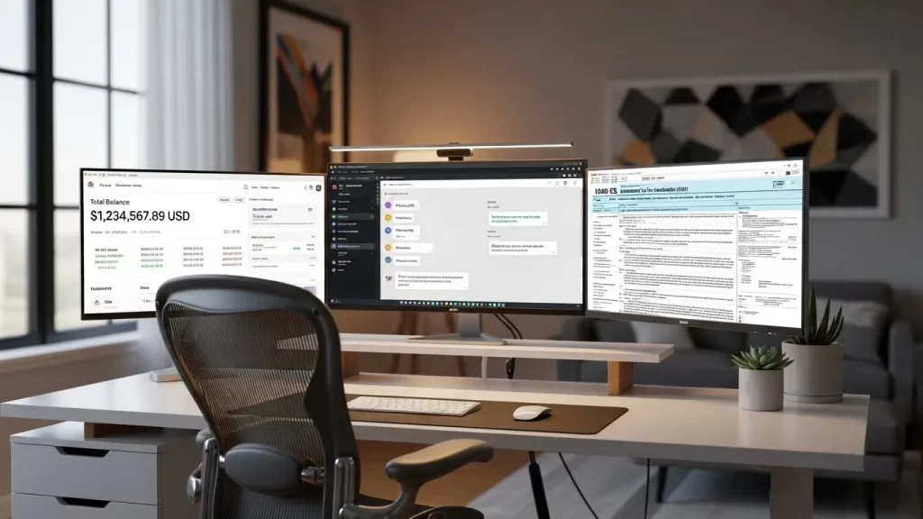 Interfaz de gestión financiera y operativa de una empresa estadounidense desde el extranjero.