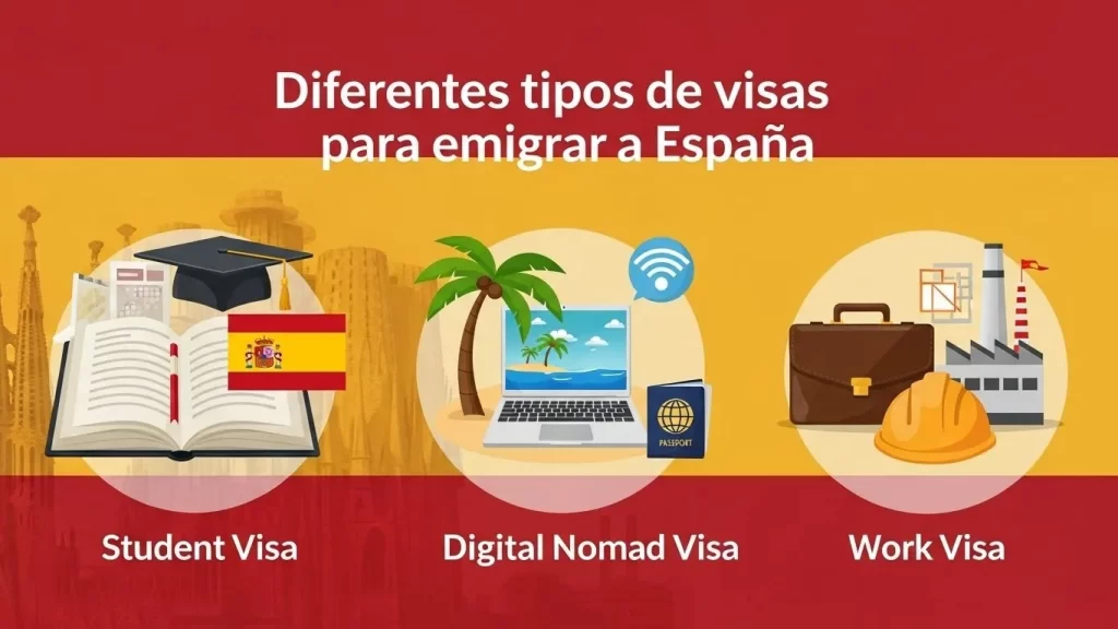 Diferentes tipos de visas para emigrar a España: estudios, nómada digital y trabajo.