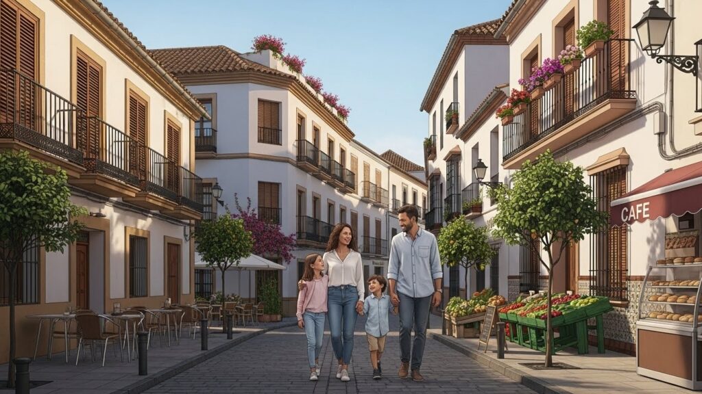 Es mejor la calidad de vida en España o en USA - Familia inmigrante caminando en un vecindario seguro en España.