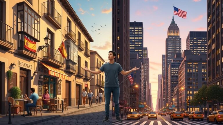 Es mejor la calidad de vida en España o en USA - Ilustración comparativa de la vida en España y Estados Unidos para inmigrantes latinos.