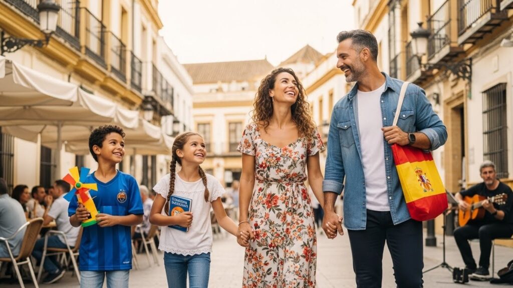 Familia latina disfrutando de su nueva vida en España tras emigrar exitosamente