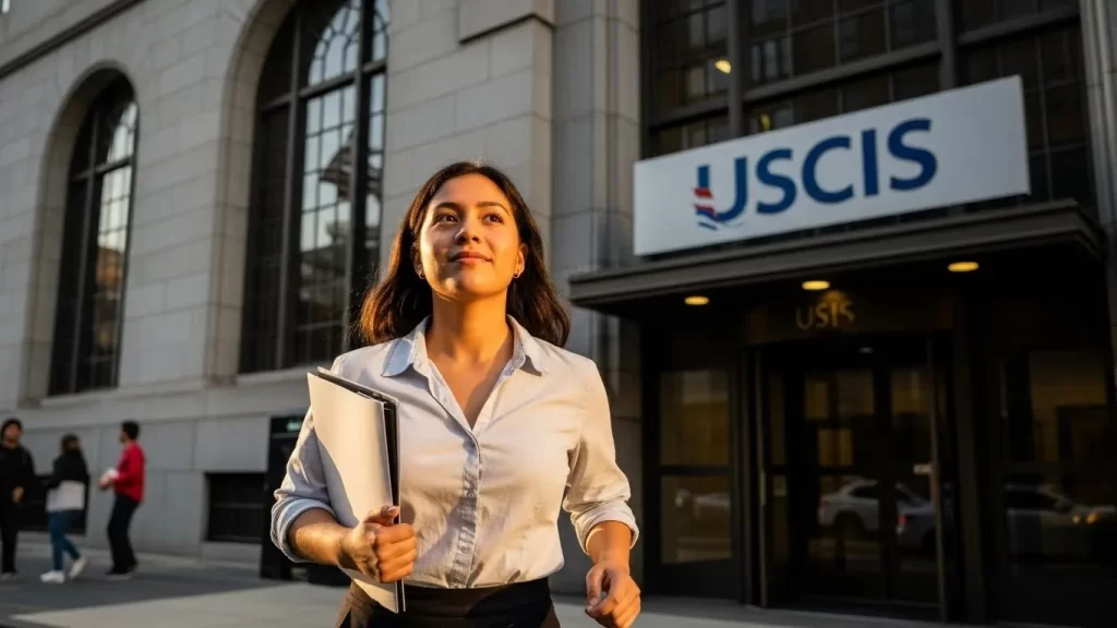 Solicitante de asilo saliendo de su entrevista con oficiales de inmigración en USA.