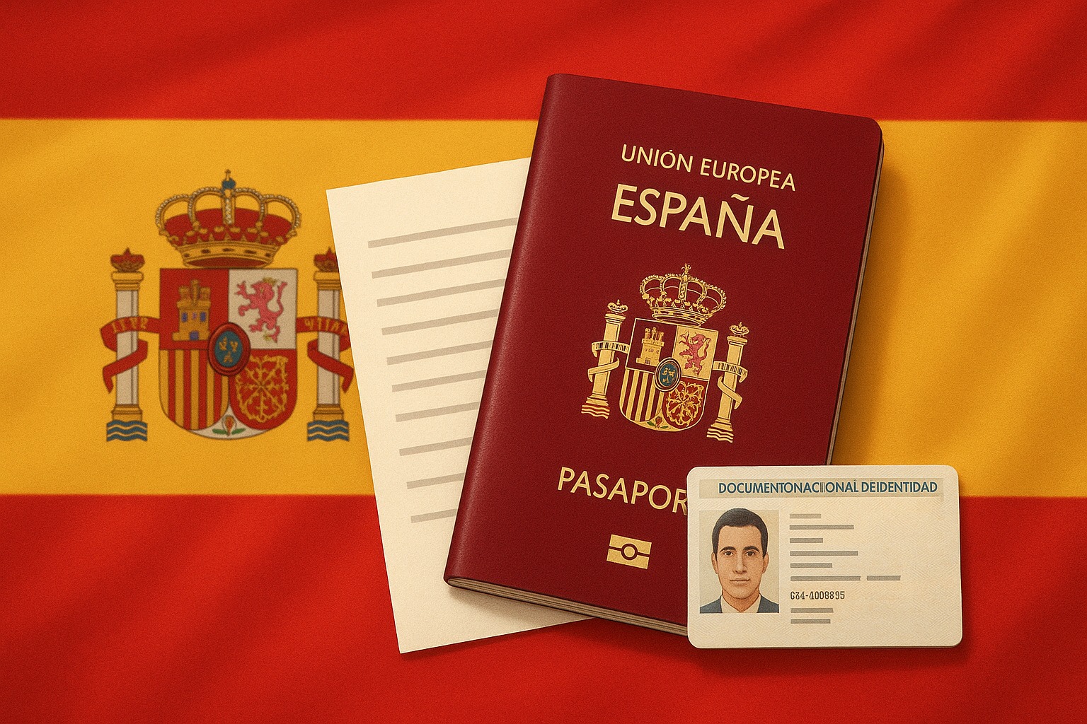 Guía para solicitar la nacionalidad española si eres latinoamericano - "Ilustración realista de un pasaporte español y documentos oficiales para solicitar la nacionalidad."