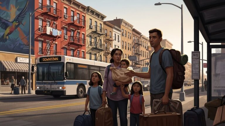 Las ciudades más baratas para vivir en Estados Unidos si estás empezando desde cero - “Ilustración realista de inmigrantes llegando a una ciudad económica en Estados Unidos.”