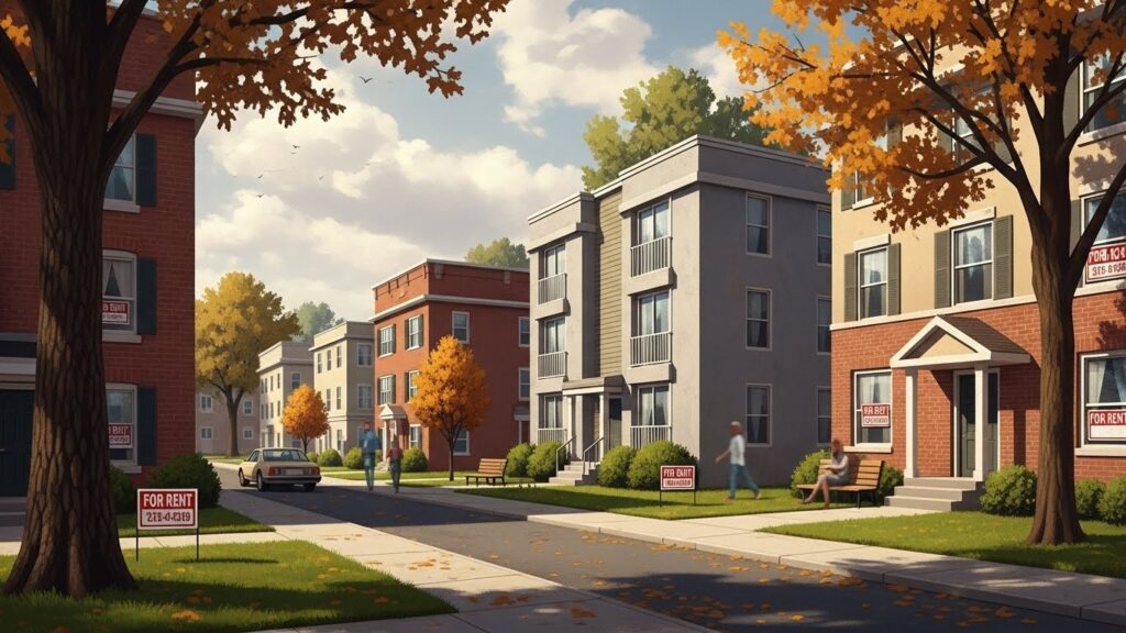 Las ciudades más baratas para vivir en Estados Unidos si estás empezando desde cero - “Ilustración realista de viviendas económicas en un vecindario de Estados Unidos.”