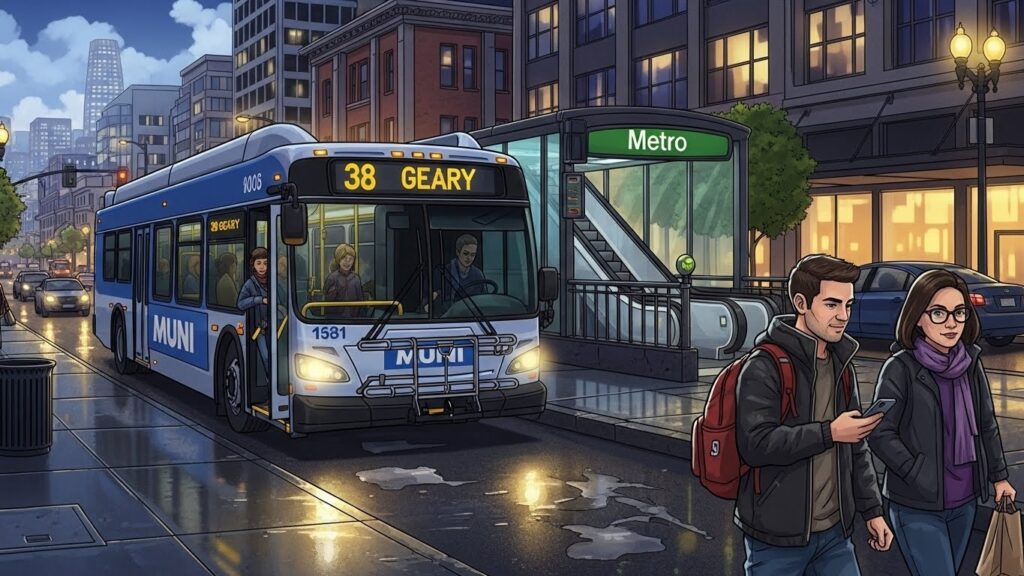 Las ciudades más baratas para vivir en Estados Unidos si estás empezando desde cero - “Ilustración realista de transporte público en una ciudad económica de Estados Unidos.”