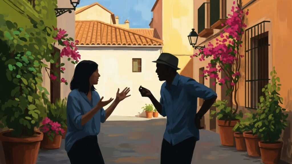 Las diferencias de comunicación entre latinos y europeos/estadounidenses - Ilustración realista de una conversación expresiva al estilo español con gestos marcados.
