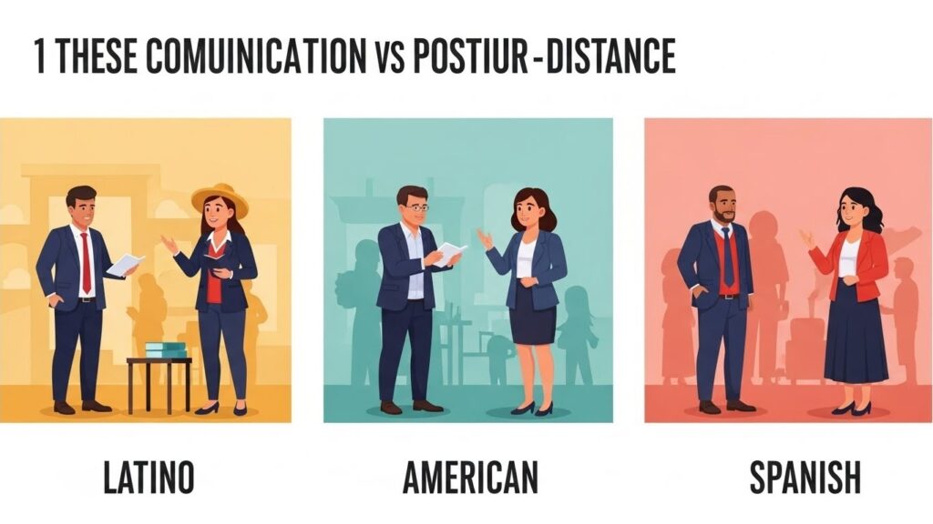 Las diferencias de comunicación entre latinos y europeos/estadounidenses - Ilustración realista que compara estilos de comunicación entre latinos, estadounidenses y españoles.
