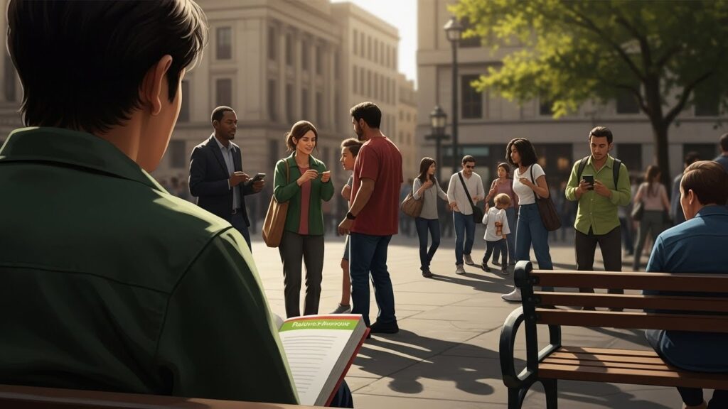 Las diferencias de comunicación entre latinos y europeos estadounidenses - Ilustración realista que muestra a un inmigrante latino aprendiendo a evitar malentendidos culturales.