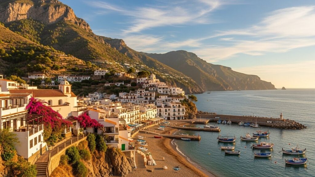 Los mejores pueblos y ciudades pequeñas para vivir en España - ilustración de un pueblo costero pequeño y tranquilo en España.