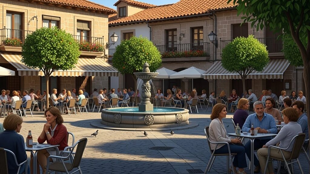 Los mejores pueblos y ciudades pequeñas para vivir en España - ilustración realista de una plaza tranquila en un pueblo español.