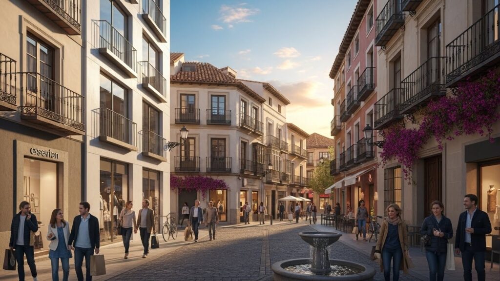 Los mejores pueblos y ciudades pequeñas para vivir en España - ilustración de una ciudad pequeña española con ambiente moderno y tradicional.