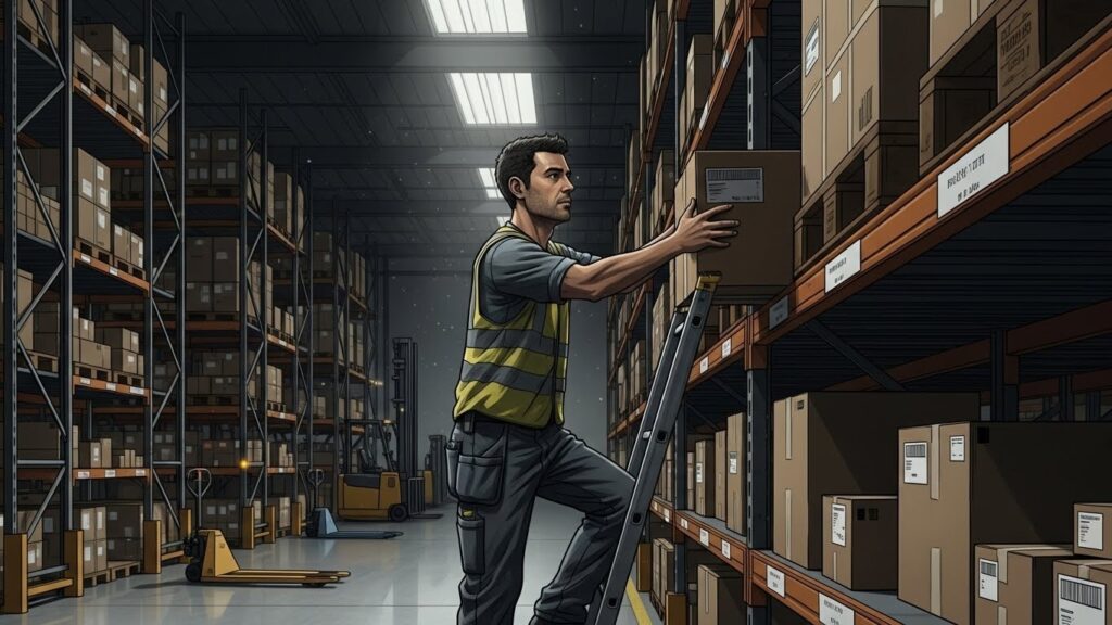 Los mejores trabajos nocturnos o de fin de semana para inmigrantes en España (2026) - Empleado de almacén trabajando en turno nocturno en España.