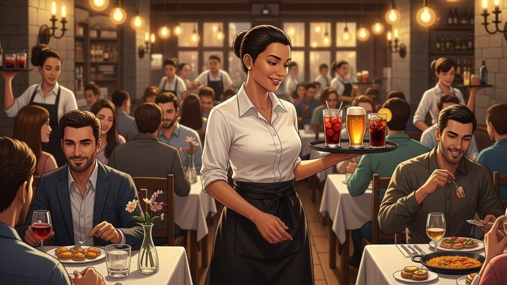 Los mejores trabajos nocturnos o de fin de semana para inmigrantes en España (2026) - Camarera latina trabajando en restaurante durante el fin de semana.