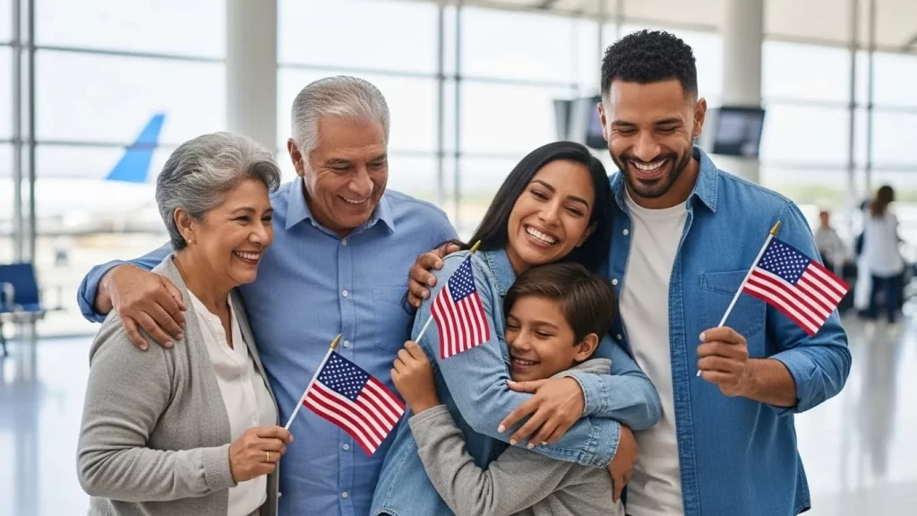 Familia latina llegando a Estados Unidos legalmente a través del programa de Parole Humanitario.