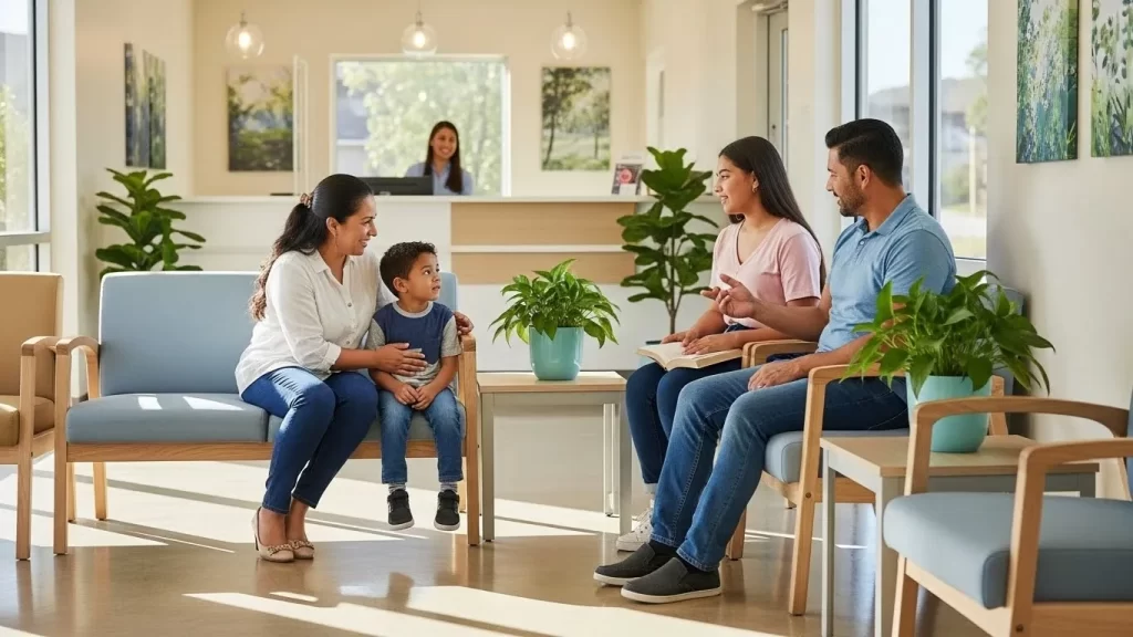 Familia inmigrante accediendo a servicios de salud preventivos en Estados Unidos.