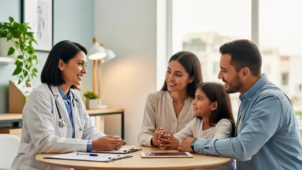 Médico explicando opciones de salud a una familia inmigrante en Estados Unidos.