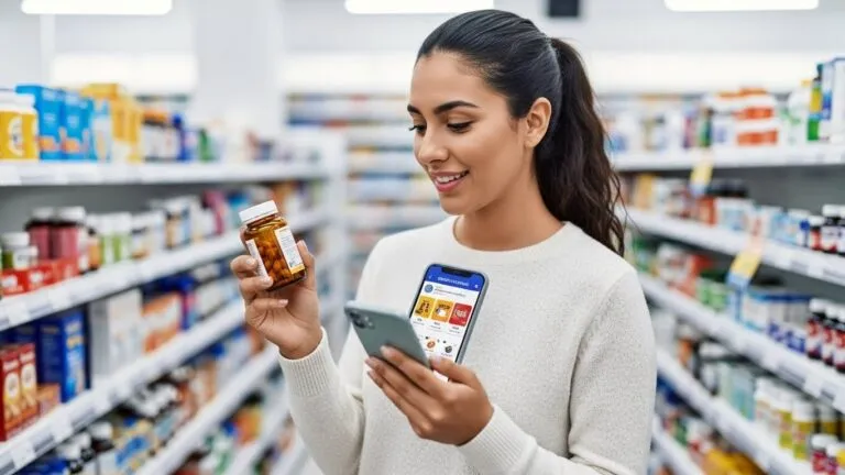 Mujer latina ahorrando en la compra de medicamentos en una farmacia estadounidense.
