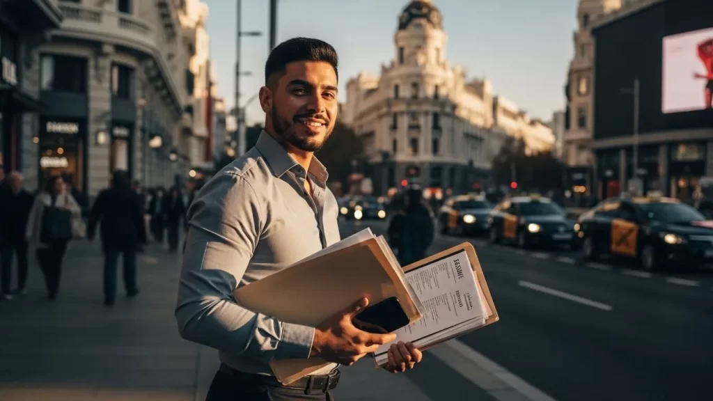 profesional de alta calidad de un joven latino sonriente caminando por la Gran Vía de Madrid,
