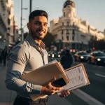 profesional de alta calidad de un joven latino sonriente caminando por la Gran Vía de Madrid,