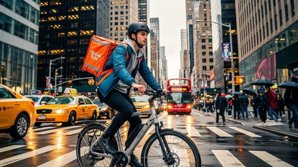 Repartidor de comida por aplicación en una gran ciudad de Estados Unidos.