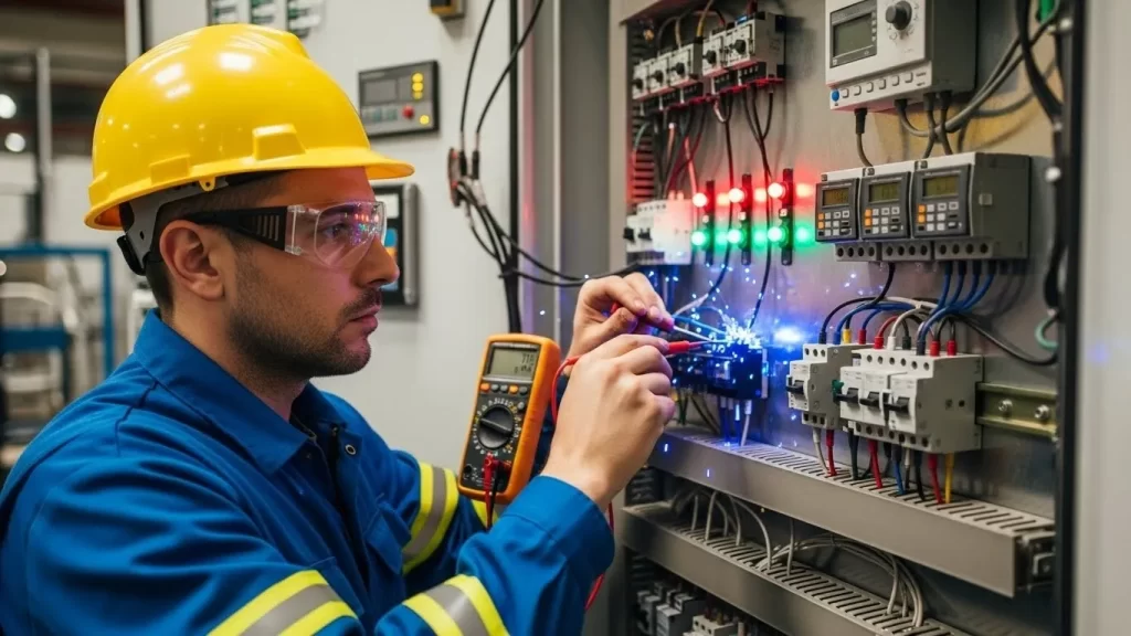 Técnico electricista industrial especializado realizando mantenimiento