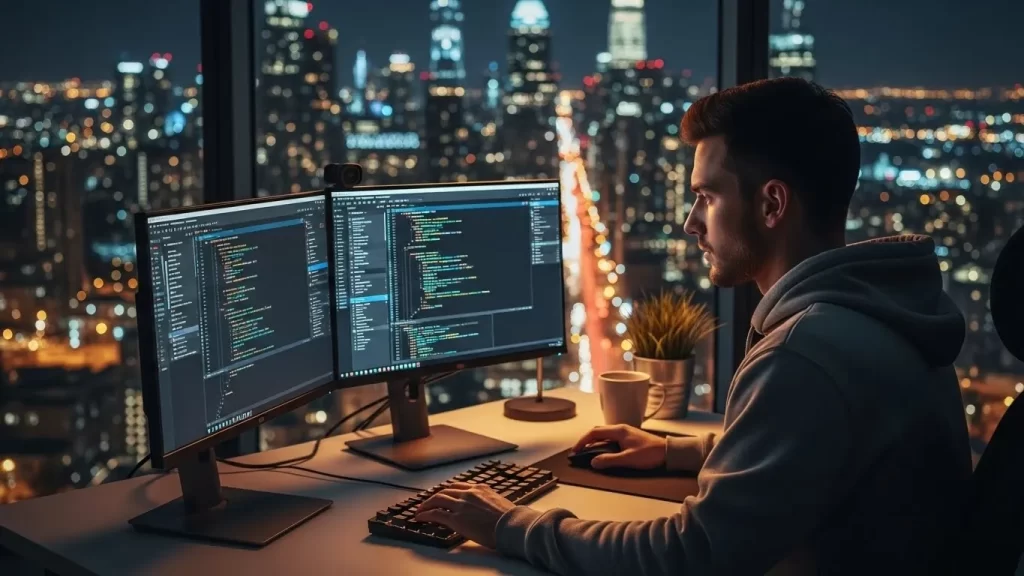 Programador senior trabajando de forma remota, 