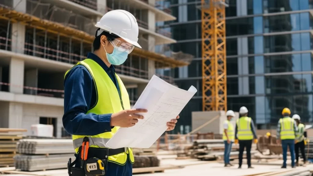 "Un trabajador con mascarilla y equipo de protección, trabajando en una obra. 