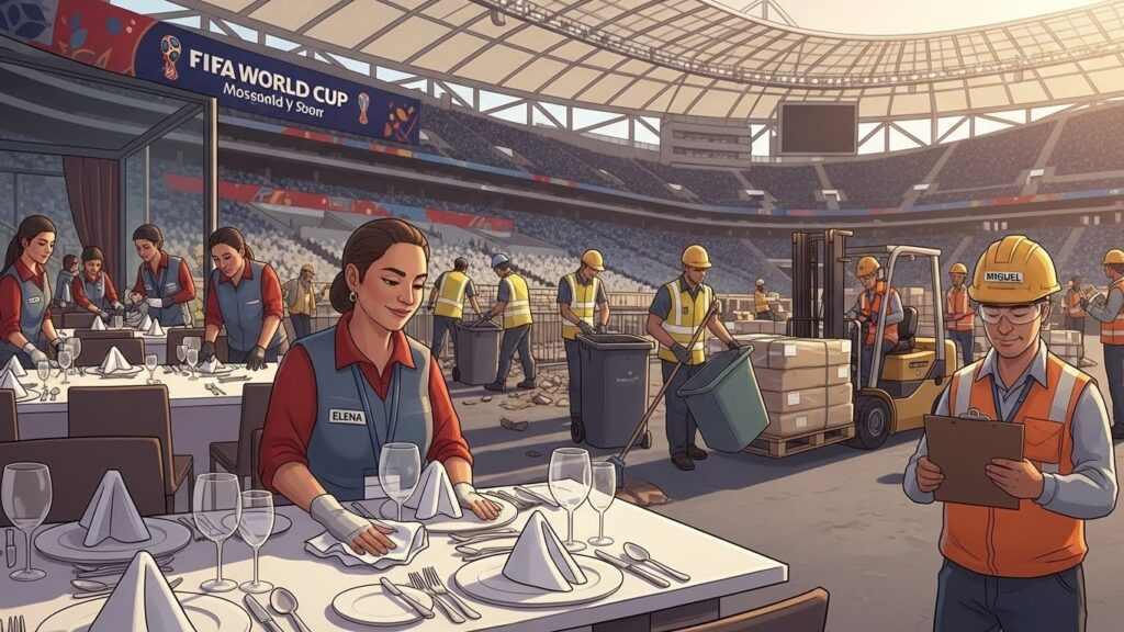 Cómo vivir el Mundial 2026 en Estados Unidos siendo Latino - “Ilustración realista de trabajadores latinos preparando un estadio para el Mundial 2026 en Estados Unidos, sin rostros identificables.”