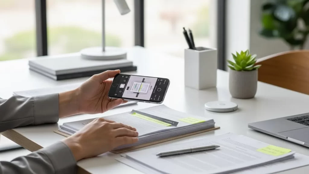 Persona digitalizando documentos migratorios con el móvil.