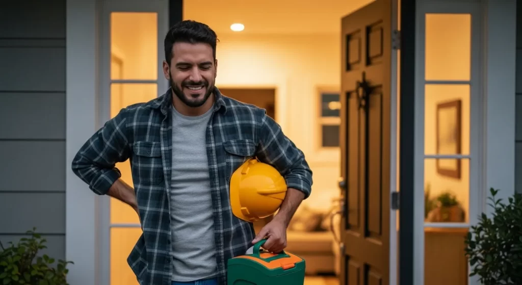 Trabajador regresando a casa después del trabajo con dolor en la espalda baja, representando el dolor de espalda después de una jornada laboral pesada.
