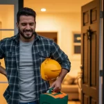 Trabajador regresando a casa después del trabajo con dolor en la espalda baja, representando el dolor de espalda después de una jornada laboral pesada.