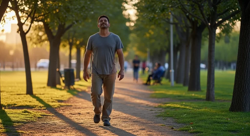 Trabajador caminando suavemente en un parque para relajar la espalda y recuperar el cuerpo después del trabajo.