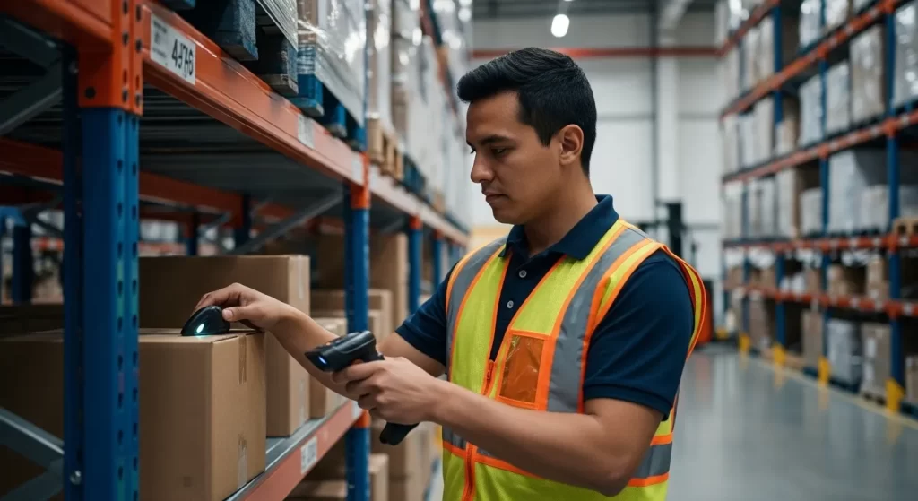 Operario de bodega latino utilizando un escáner manual para registrar inventario en un gran centro logístico moderno.