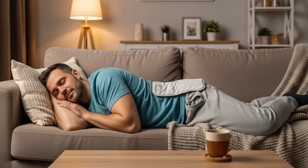 Persona aplicando una compresa caliente en la espalda baja para aliviar el dolor muscular después del trabajo.