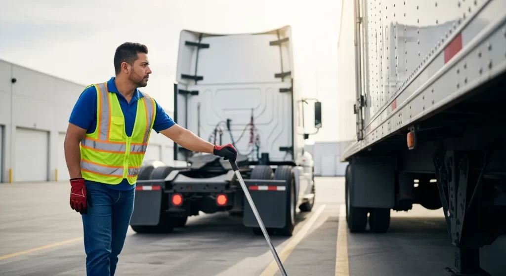 Chofer de trailer latino profesional realizando maniobras de reversa en un centro de logística en Florida.