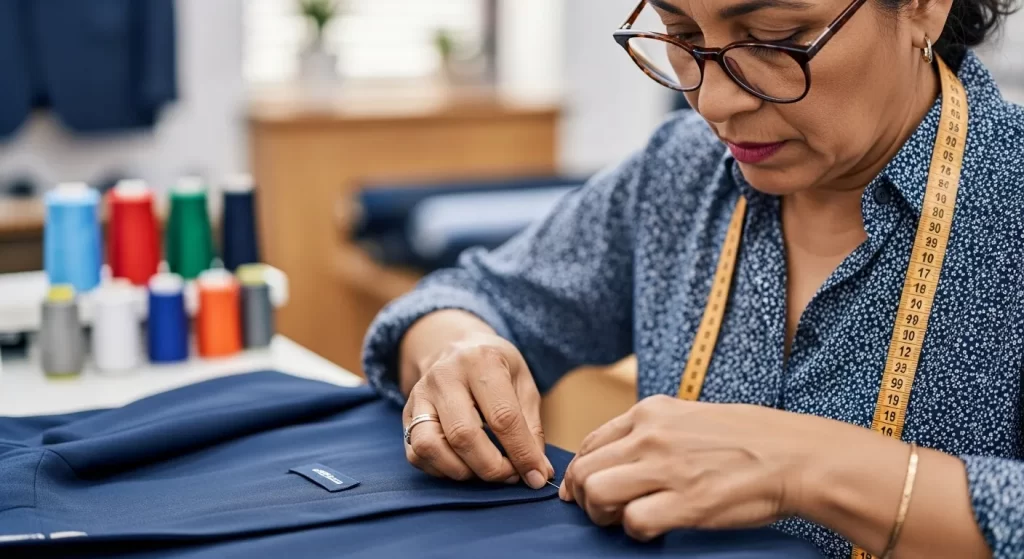 Costurera latina profesional detallista realizando alteraciones en un saco de vestir en un taller de Miami Beach.