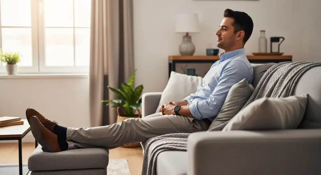 Hombre sentado en el sofá con buena postura para evitar el dolor de espalda después de trabajar muchas horas.