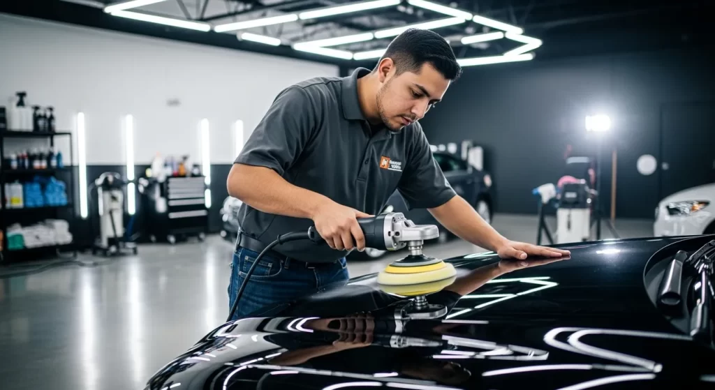 Detallador de autos profesional realizando el pulido (compound) de una carrocería en un taller mecánico del Bronx.