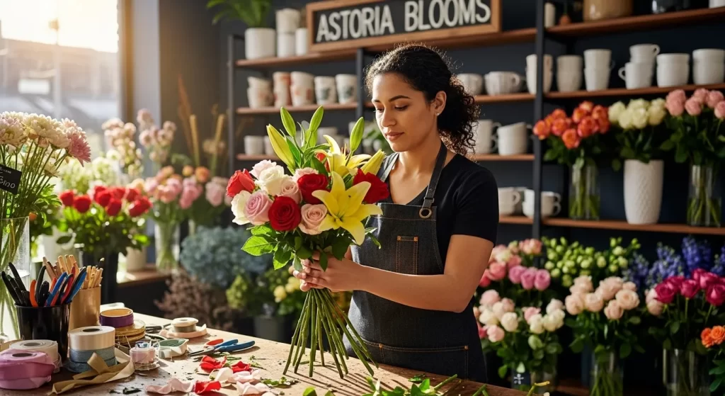 Especialista en arreglos funerarios y centros de mesa trabajando con rosas y lirios en un taller de diseño floral profesional.
