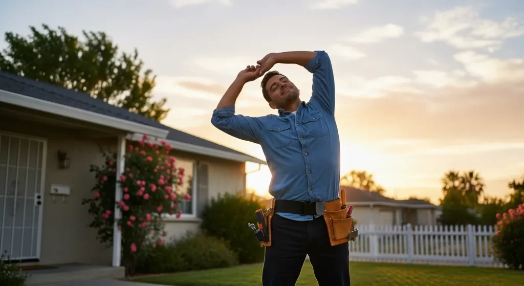 Trabajador haciendo estiramientos de espalda después del trabajo para aliviar el dolor muscular y mejorar la recuperación física.
