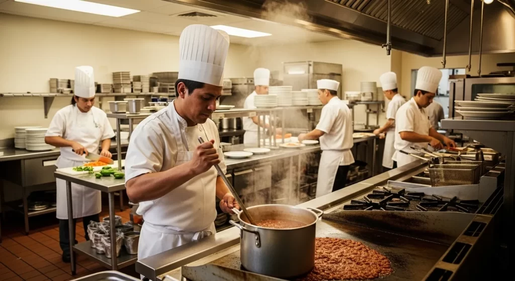 Cocinero de línea latino altamente concentrado preparando platillos en una cocina industrial limpia y organizada.