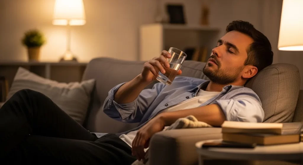Hombre cansado descansando en el sofá y bebiendo agua para recuperarse después de una jornada de trabajo físico.