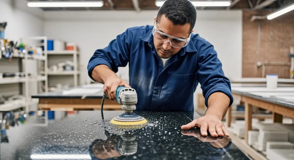Instalador de granito puliendo una encimera de cocina con herramientas profesionales en un taller de Brooklyn.