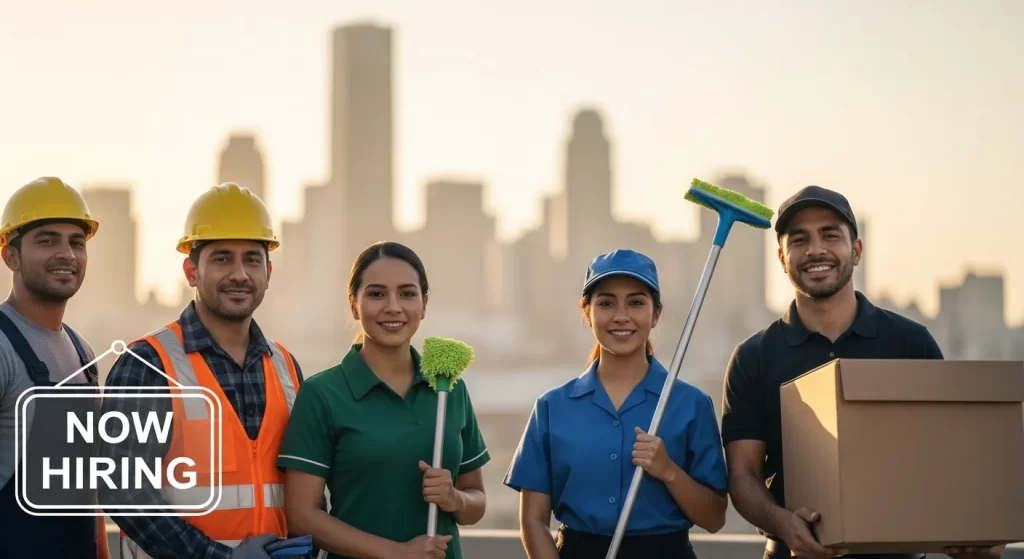 Grupo de trabajadores latinos unidos y sonrientes frente al horizonte de una ciudad de Estados Unidos al amanecer. Alt text: Profesionales latinos representando la fuerza laboral y las oportunidades en Estados Unidos.